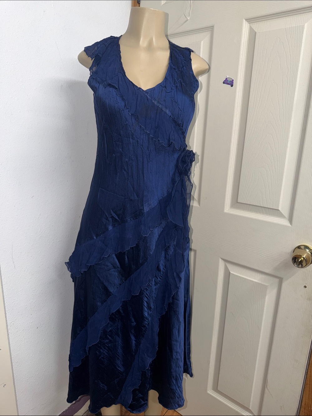 By Komarov  Navy Blue Ruffled Sleeveless Dress